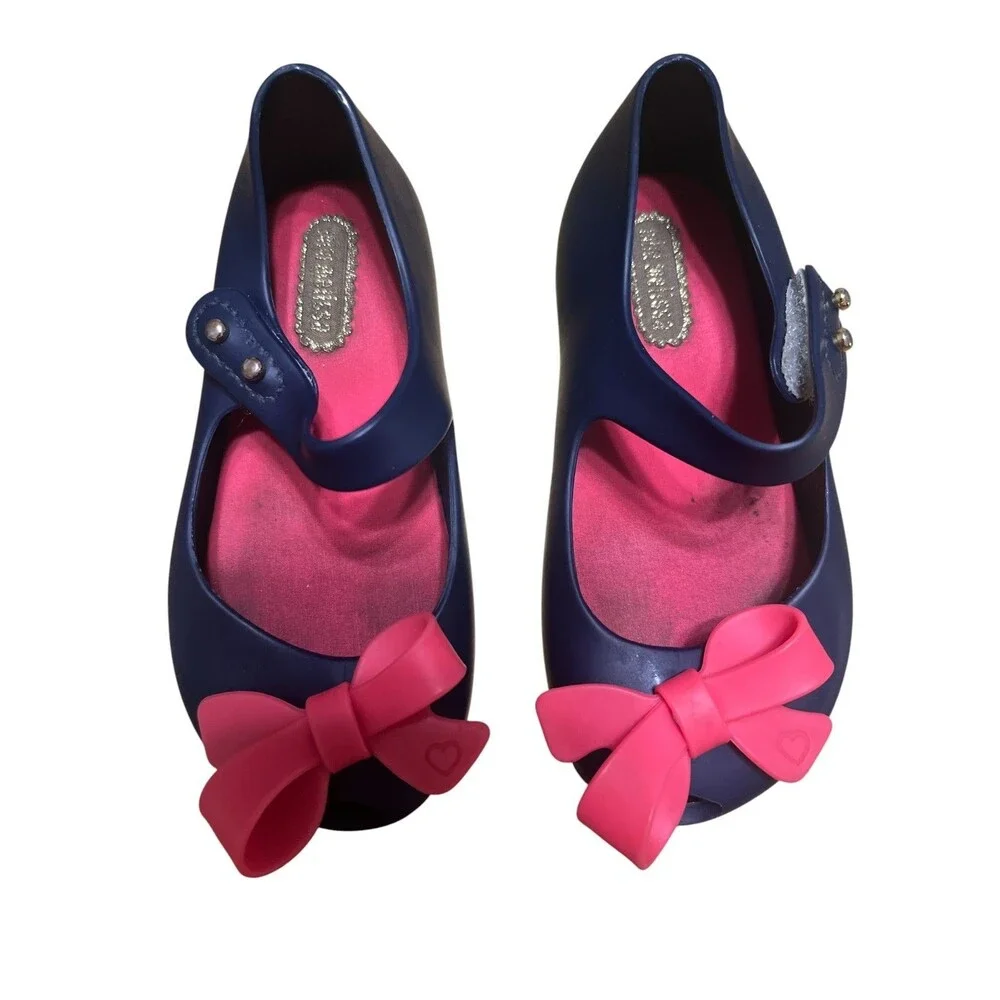 Mini Melissa Toddler Navy Blue Mary Jane Jelly Shoes with Pink Bow Size 7 Play